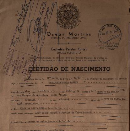 Certidão de nascimento forjada de Rosângela Serra Paraná.