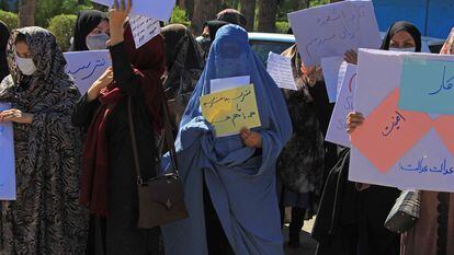 Imagem do protesto incomum de mulheres ocorrido em Herat nesta quinta-feira.