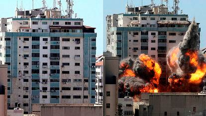 O bombardeio do edifício de veículos internacionais em Gaza, em imagens