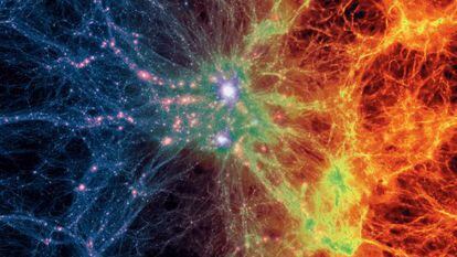 A transição da matéria escura (esquerda) ao gás (direita) em um cúmulo galáctico, segundo o modelo Illustris da evolução do Universo.