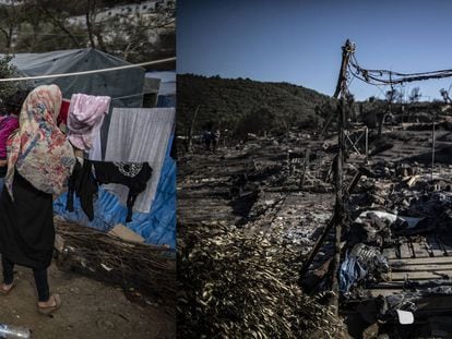 Campo de refugiados de Moira, en marzo del 2020 y en la actualidad.