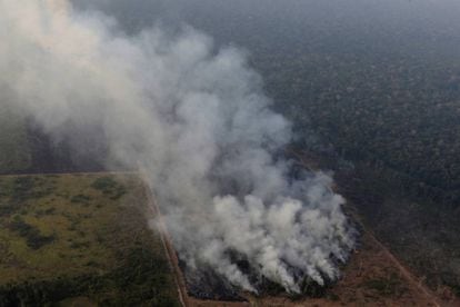 Colunas de fumaça cerca de Porto Velho, no Estado brasileiro de Rondonia, o 21 de agosto.