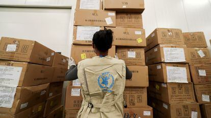 Uma trabalhadora do Programa Mundial de Alimentos organiza as doações humanitárias da ONU emAddis Ababa, na Etiópia, em 14 de abril deste ano.