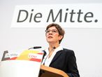 Berlin (Germany), 24/02/2020.- Christian Democratic Union (CDU) party chairwoman Annegret Kramp-Karrenbauer speaks to the media at an press conference after the meeting of the party's federal board in the headquarters in Berlin, Germany, 24 February 2020. (Alemania) EFE/EPA/JENS SCHLUETER