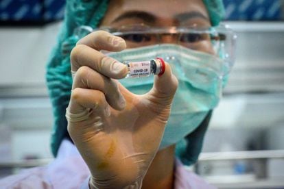 Pesquisadora da Universidade de Chulalongkorn (Tailândia) mostra vacina contra o coronavírus para ser testada em macacos.