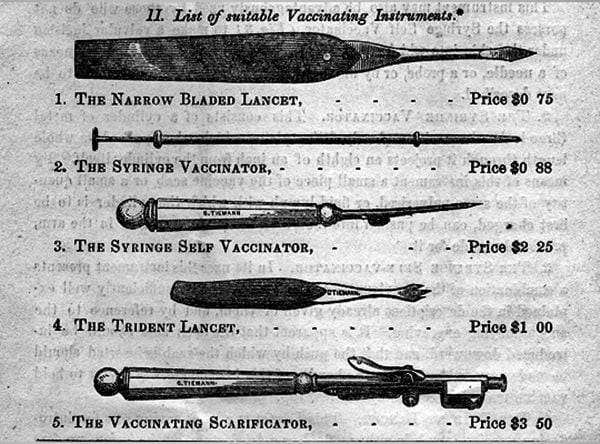 Instrumentos de vacinação do fim do século 19.