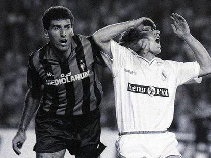 Tassoti, que recebeu cartão amarelo, atinge Butragueño pouco antes do gol num duelo Real x Milan de 1989.