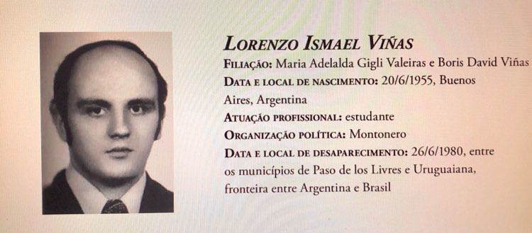 Reprodução de ficha da Comissão Nacional da Verdade sobre o desaparecido político ítalo-argentino Lorenzo Ismael Vinãs.