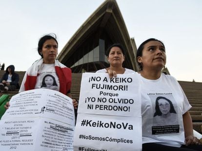 Protestos contra a candidata presidencial Keiko Fujimori, na terça-feira, em Sydney.