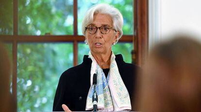 A diretora do FMI, Christine Lagarde, nesta segunda-feira na Chancelaria do Tesouro do Reino Unido, em Londres