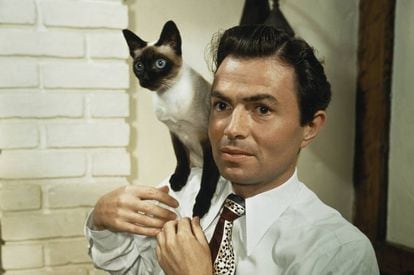 James Mason, protagonista de Lolita (Stanley Kubrick, 1962) posa com um gato siamês.