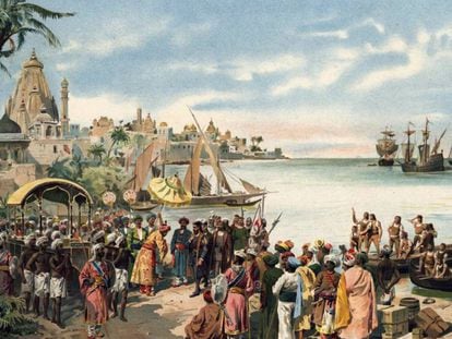 A chegada de Vasco da Gama a Calcutá, numa imagem de época.
