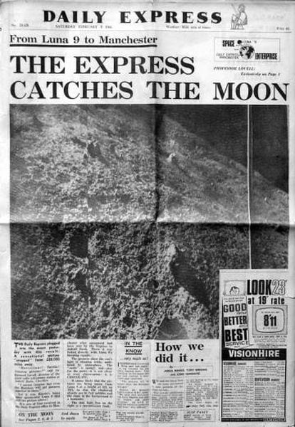 Capa do ‘Daily Express’ de Manchester com a primeira foto transmitida da Lua em fevereiro de 1966.