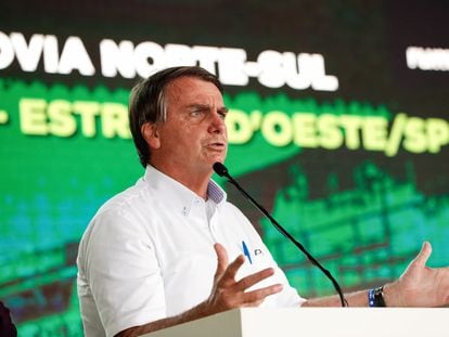 O presidente Jair Bolsonaro durante inauguração de trecho da ferrovia Norte Sul em São Simão (GO).