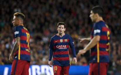 Neymar, Messi e Suárez, na derrota do Barça para o Valencia.