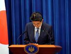 Japanese Prime Minister Shinzo Abe bows during a news conference at the prime minister's official residence in Tokyo, Japan, August 28, 2020. Franck Robichon/Pool via REUTERS     TPX IMAGES OF THE DAY