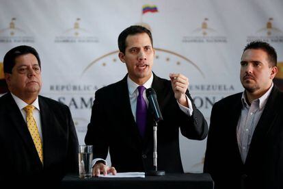 O presidente da Assembleia Nacional, Juan Guaidó, na entrevista coletiva de quinta-feira.