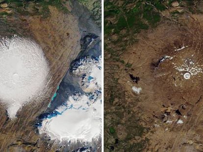 Imagens de satélite da geleira Ok em 1986 (esquerda) e em primeiro de agosto.