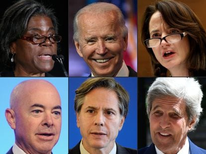 O Gabinete de Biden, de coma para baixo; Linda Thomas-Greenfield, Joe Biden, Avril Haines, Alejandro Mayorkas, Antony Blinken e John Kerry.