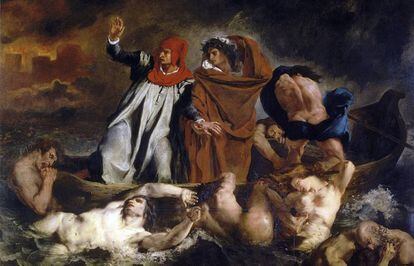 Virgilio guia Dante pelo inferno em 'A barca de Dante', de Eugene Delacroix (1822).