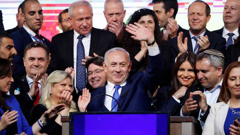 O primeiro-ministro Benjamin Netanyahu após as prévias do resultado das urnas