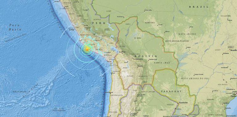 Localização do terremoto sentido no Peru nesta madrugada, segundo o Instituto de Estudos Geológicos dos Estados Unidos.