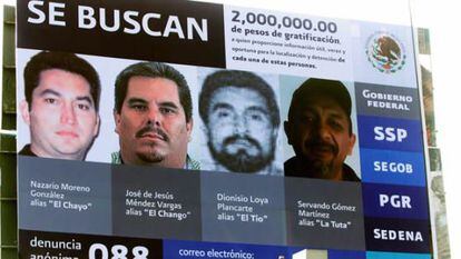 Cartaz con quatro narcotraficantes em Michoacán. Nazario Moreno é o primeiro à esquerda.