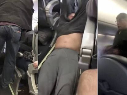 Três momentos da expulsão de David Dao do voo da United Airlines, no domingo.