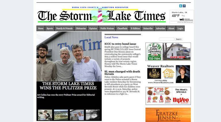 A capa do diário de Iowa vencedor do Pulitzer.