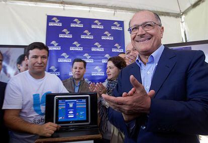 Governador, Geraldo Alckmin, em entrega de obra no Alto Tiet&ecirc;.