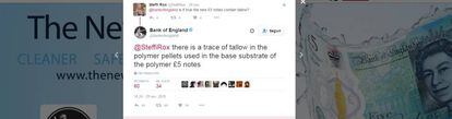 O Banco da Inglaterra admitiu no Twitter que as notas contêm sebo.
