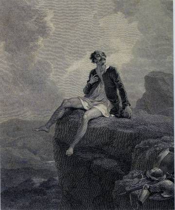 Dom Quixote desenhado por Robert Smirke para uma tradução inglesa de 1818. O pintor britânico ilustrou tanto a novela de Cervantes quanto os dramas de Shakespeare.