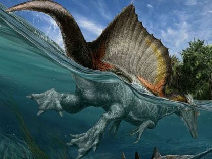 Ilustração do enorme espinossauro, nadando e capturando grandes peixes.