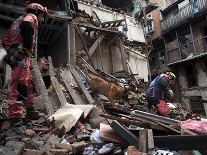 Bombeiros franceses trabalham com um cão de resgate entre as ruínas de uma casa em Katmandú (Nepal), no dia 28 de abril de 2015.