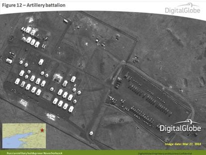 Imagen de satélite que supostamente mostra um batalhão de artilharia russo em Novocherkassk.