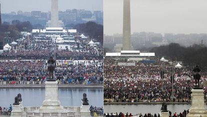 À esquerda, 'National Mall' durante a posse Trump; à la derecha, a manifestação deste sábado.