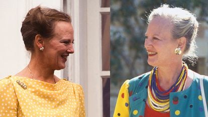 À esquerda, a rainha Margrethe II da Dinamarca em maio de 1991. À direita, em agosto de 1993.