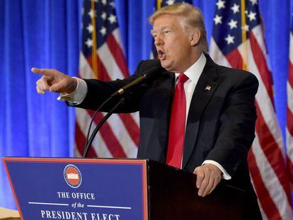 Donald Trump, em sua primeira coletiva de imprensa em seis meses em Nova York na quarta-feira 11 de janeiro de 2017.