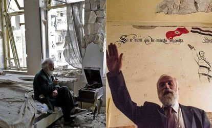 Mohamed Mohiedin Anis, na esquerda na foto da AFP em março. Na imagem da direita, faz a saudação nazista na sala de sua casa no bairro de Shaar em Aleppo em 17 de novembro.