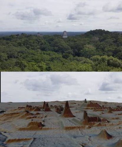 Vista de Tikal, acima coberta pela floresta, abaixo descoberta pelo Lidar.