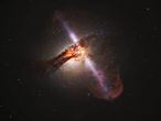 Ilustração de uma galáxia com os jatos de um buraco negro supermassivo