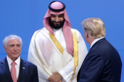 O presidente Michel Temer, o princípe da Arábia Saudita Mohammed bin Salman e o presidente dos EUA Donald Trump.