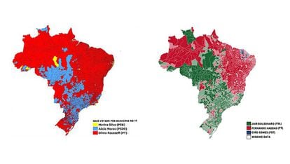 Mapa das eleições por município em 2014 (à esq.) e em 2018 (à dir.)