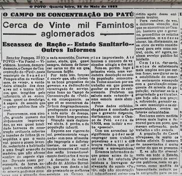 Jornal 'O Povo' de maio de 1932 destacava as condições dos migrantes no 'campo' de Senador Pompeu. 