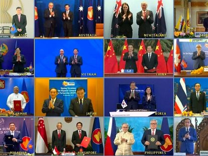 Imagem da videoconferência com os líderes dos 15 países que assinaram o RCEP, criando o maior tratado comercial do mundo