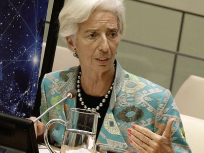 Christine Lagarde, diretora-gerente do FMI, durante apresentação semana passada na sede da ONU em Nova York.