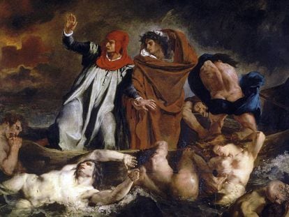 Virgilio guia Dante pelo inferno em 'A barca de Dante', de Eugene Delacroix (1822).