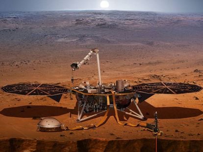 Ilustração da InSight na superfície de Marte.