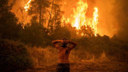 Homem observa um grande incêndio florestal que se aproxima da aldeia de Pefki na ilha de Evia (Eubeia), a segunda maior ilha da Grécia, neste domingo.