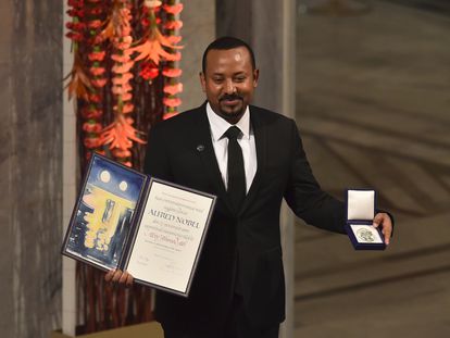 Abiy Ahmed durante a cerimônia de entrega do Prêmio Nobel da Paz, em 10 de dezembro de 2019, em Oslo.